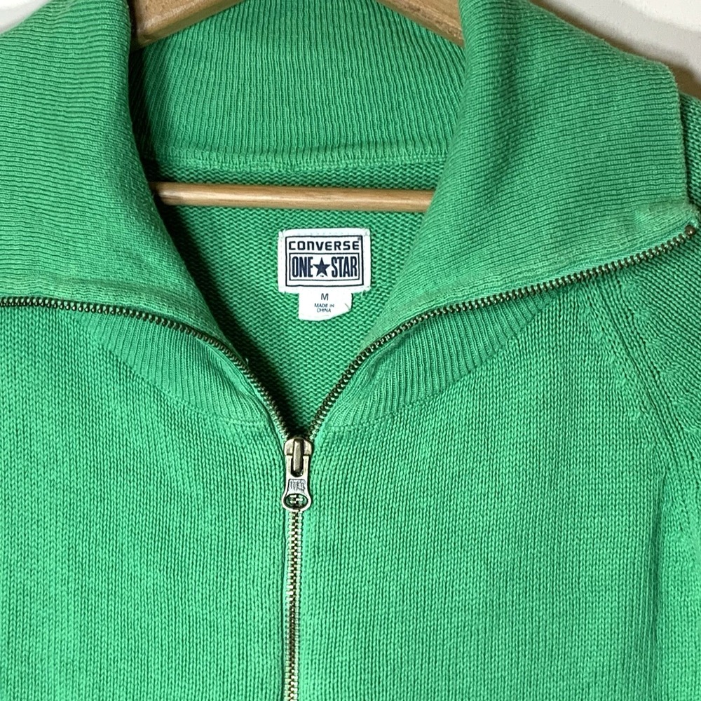 Converse Full Zip Cardigan Sweater Womens M Green 100% Cotton Collar - Picture 2 of 10